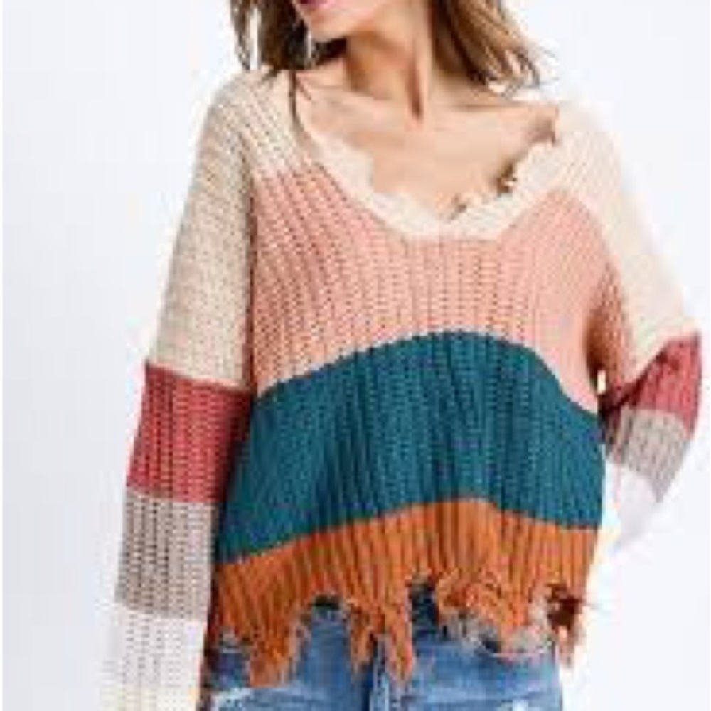 Women Distressed Multi Color Block Sweater - Picture 5 of 10